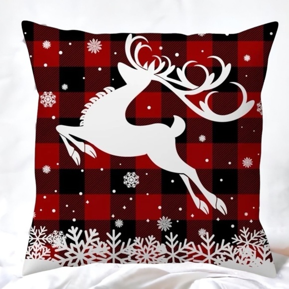 Pillow Cover Snowflake Deer Farmhouse Plaid Zippered Red Black Large 17.7 in - Picture 13 of 14